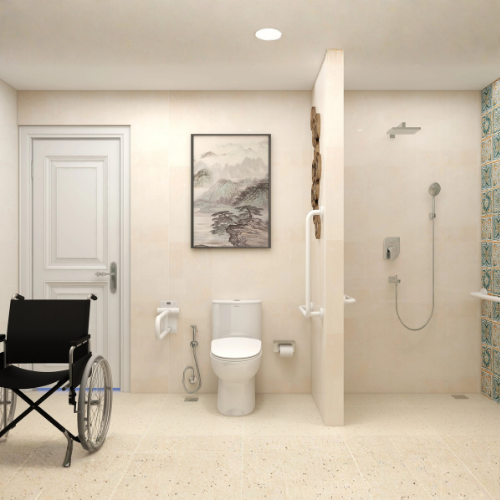 Modular Radiance smart bathroom with cream tiles