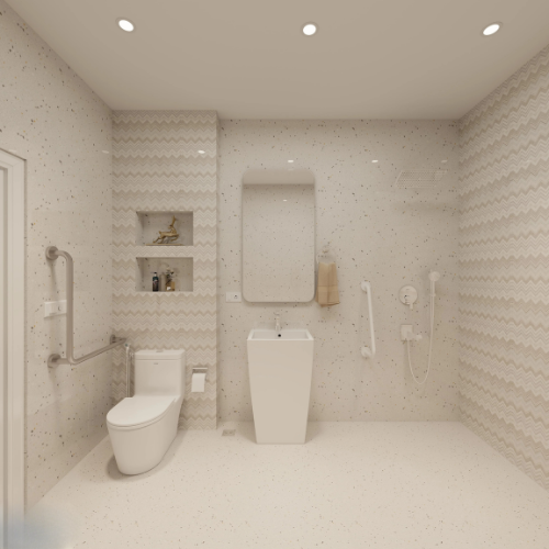 Modular Radiance smart bathroom with cream tiles