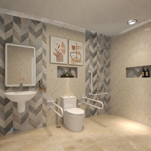 Modular Radiance smart bathroom with cream tiles