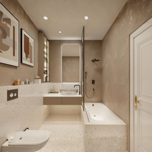 Joyful Junction modern kids bathroom design with beige tiles