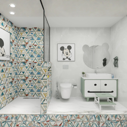 Gleeful Glow modern kids bathroom design with cartoon tiles