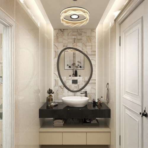 Modern Edge marble powder washroom design with oval basin