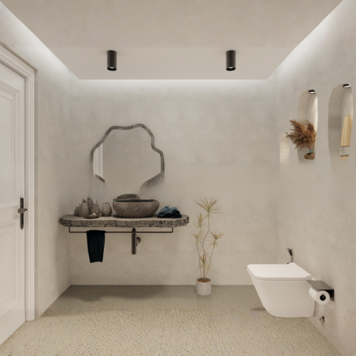 Ethereal Enclave artistic powder bathroom with grey tiles