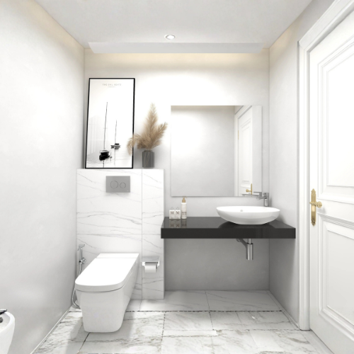 Delicate Dwelling powder bathroom design with stone tiles