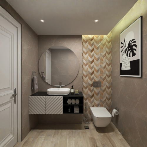 Dark Herringbone stone powder bathroom with modern vanity