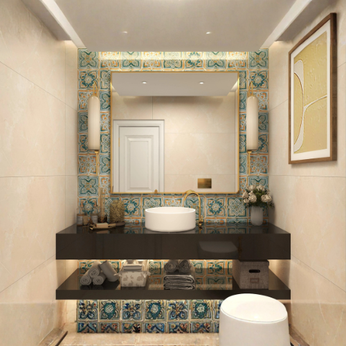 Regal Luminance artistic powder bathroom with beige tiles
