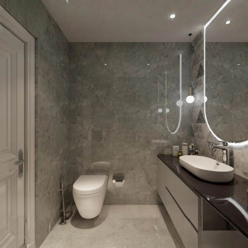 Gothic Grid dark powder bathroom design with grey tiles