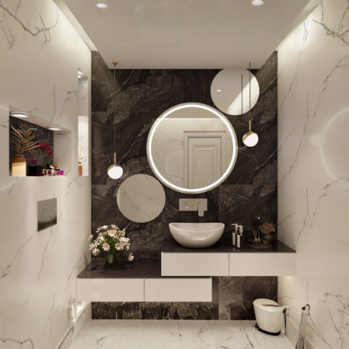 Sculpted Simplicity powder bathroom design with stone tiles