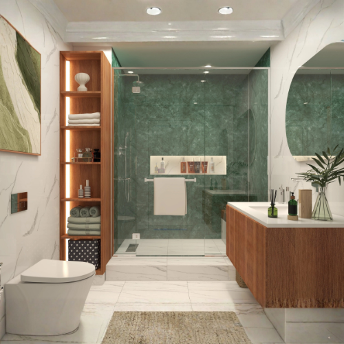 Jade Oasis light stone bathroom with kitkat tiles