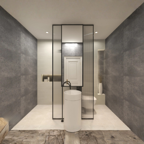 Contemporary Noir simple bathroom with beige and black tiles