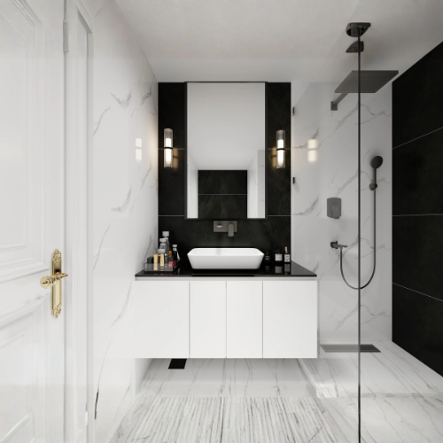 Majestic Meadow dark luxury bathroom with white tiles