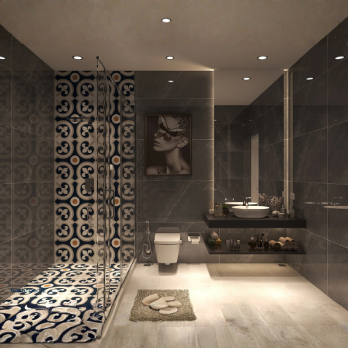 Monochrome Marrakech bathroom design with moroccan tiles