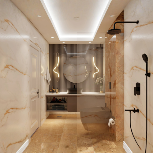 Golden Ivory marble bathroom with brown and white tiles