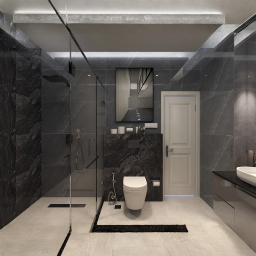Obscura Gleam black marble bathroom design