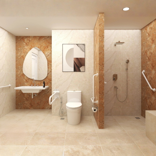 Calm Wellspring senior citizen bathroom with beige tiles