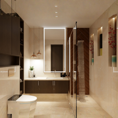 Modular Radiance smart bathroom with cream tiles