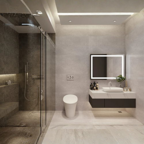 Modular Radiance smart bathroom with cream tiles