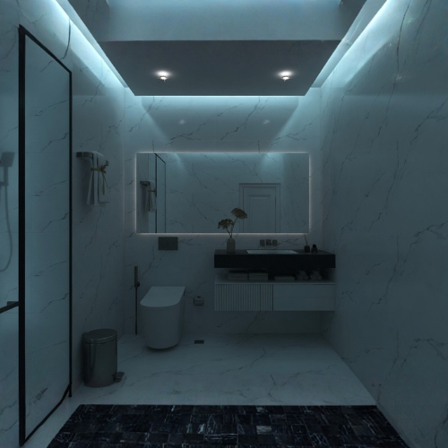 Modular Radiance smart bathroom with cream tiles