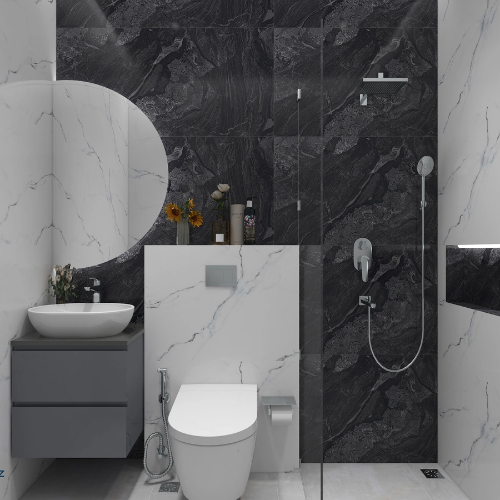 Earthly Louvre repeated space saving bathroom design